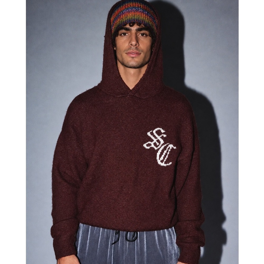 Standard Cloth Brown Knit Monogram Hoodie Sweater Urban Outfitters Mens Large oo